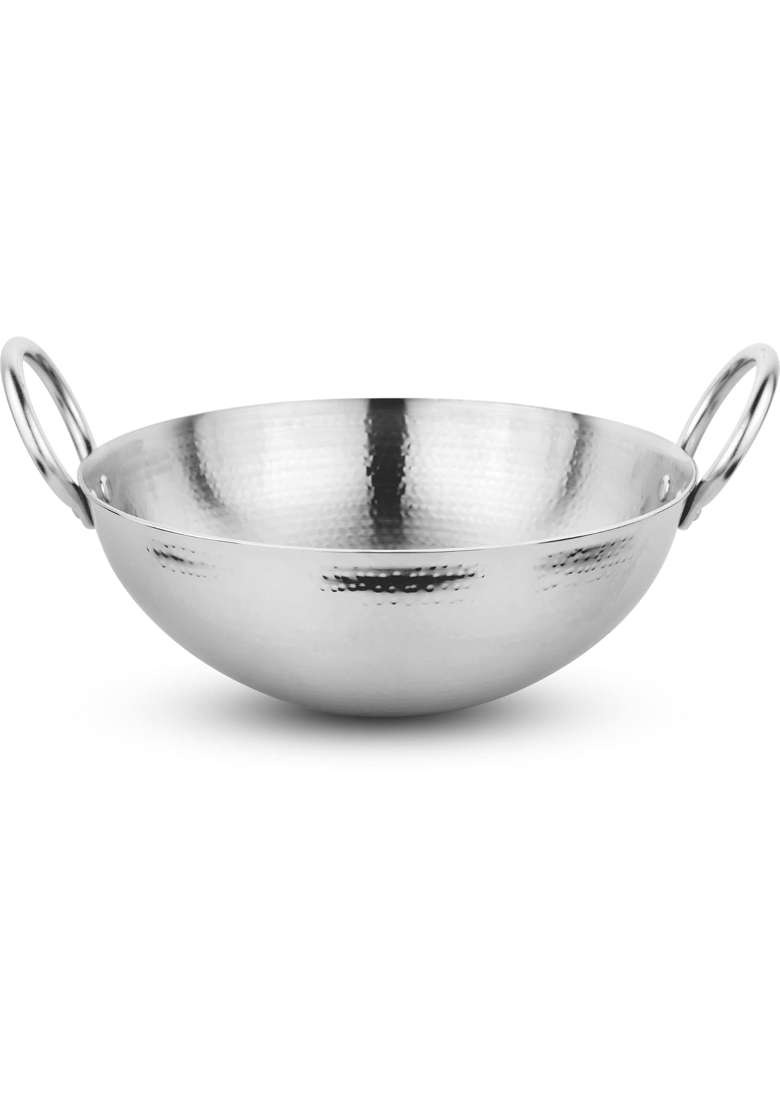 Prabha Round Bottom Stainless Steel Kadhai Wok Heavy Gauge Hammered Kadai | 1 L | 1.1 Qt | 17 cm | 6.7 Inch - Indya