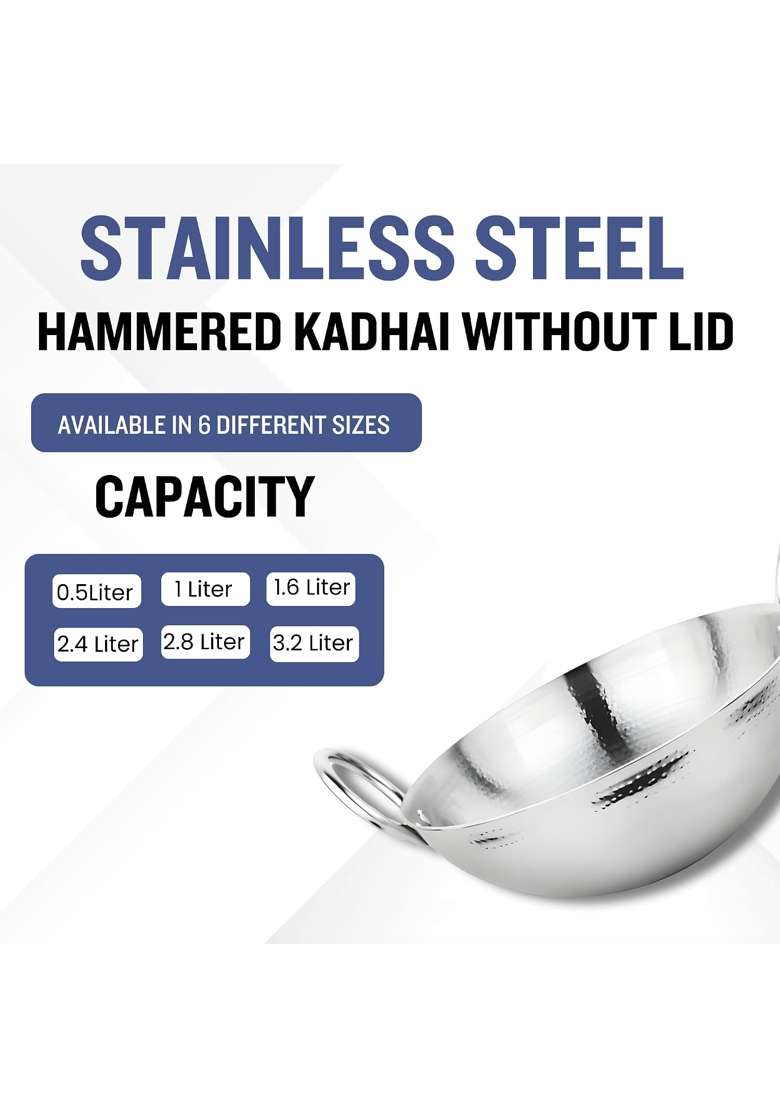 Prabha Round Bottom Stainless Steel Kadhai Wok Heavy Gauge Hammered Kadai | 1 L | 1.1 Qt | 17 cm | 6.7 Inch - Indya
