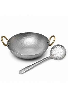 ARSHAN COOKWARE Pure Iron Matthar Kadhai Wok with Stainless Steel Strainer Jhara | 400 ml | 13.5 fl oz | 22 cm | 8.7 Inch