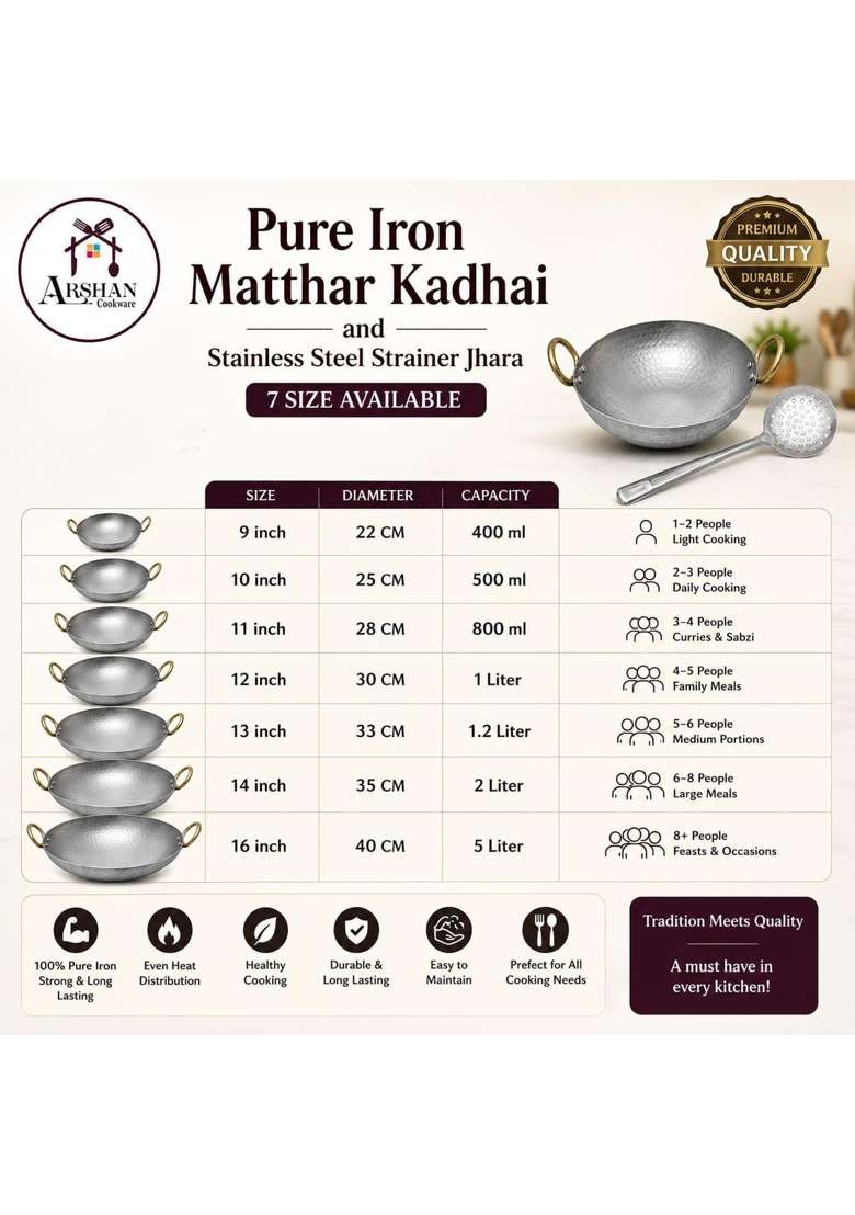ARSHAN COOKWARE Pure Iron Matthar Kadhai Wok with Stainless Steel Strainer Jhara | 400 ml | 13.5 fl oz | 22 cm | 8.7 Inch - Indya