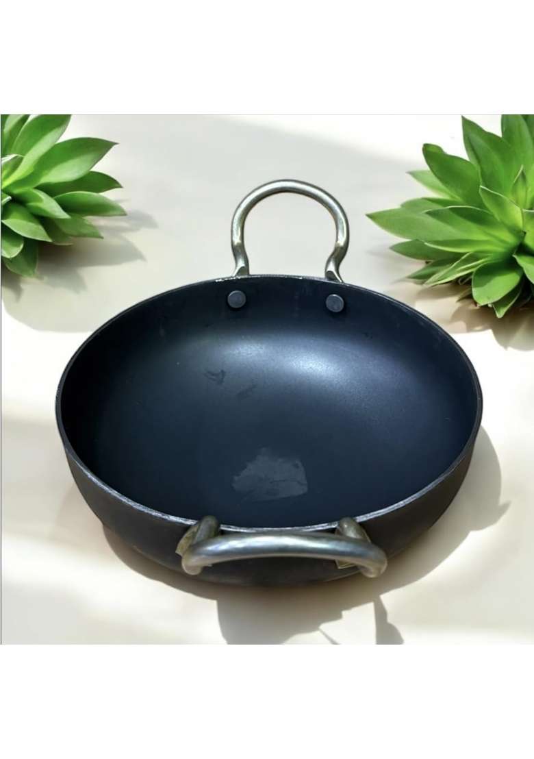 GBW Iron Kadai Wok with Strong Handles Lohe Loha Ki Kadhai Iron Black Kadhai Cooking | 6 Inch | Induction Compatible - Indya
