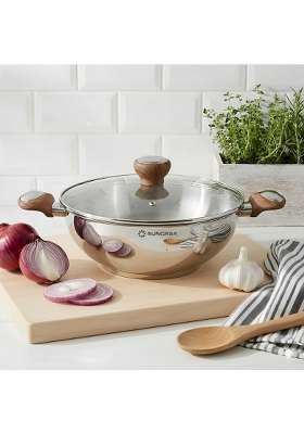 SUNCASA Impact Pro Luxe Stainless Steel Deep Kadai Wok with Glass Lid | 3.5 L | 3.7 Qt | 24 cm | 9.4 Inch | Induction Compatible
