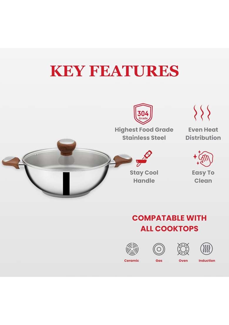 SUNCASA Impact Pro Luxe Stainless Steel Deep Kadai Wok with Glass Lid | 3.5 L | 3.7 Qt | 24 cm | 9.4 Inch | Induction Compatible - Indya