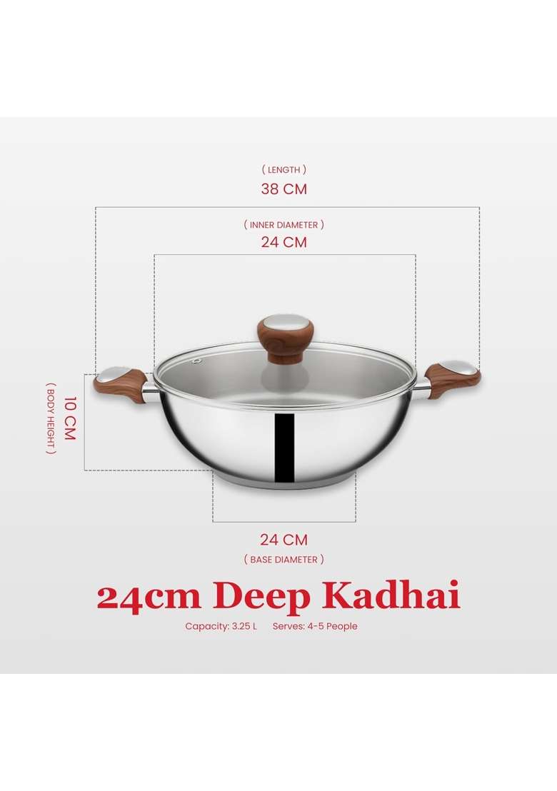 SUNCASA Impact Pro Luxe Stainless Steel Deep Kadai Wok with Glass Lid | 3.5 L | 3.7 Qt | 24 cm | 9.4 Inch | Induction Compatible - Indya