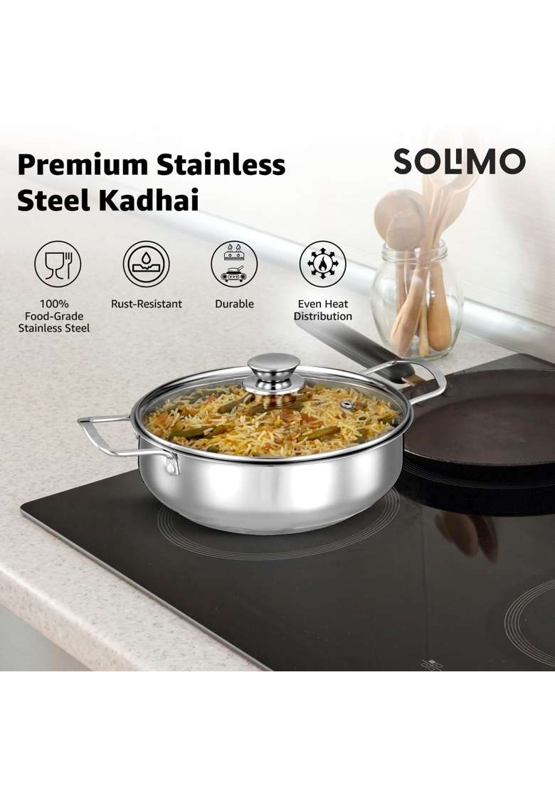 Solimo Amazon Brand Solimo Stainless Steel Induction Bottom Kadhai Wok with Glass Lid | 22 cm | 8.7 Inch - Indya