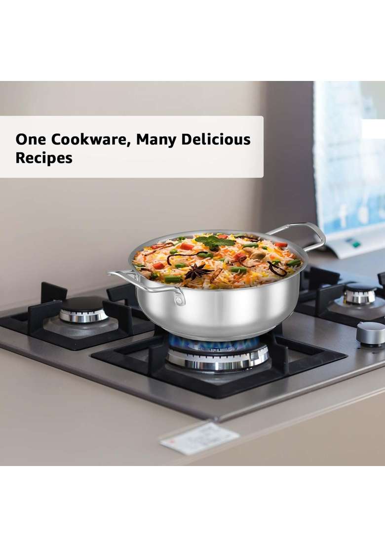 Solimo Amazon Brand Solimo Stainless Steel Induction Bottom Kadhai Wok with Glass Lid | 22 cm | 8.7 Inch - Indya