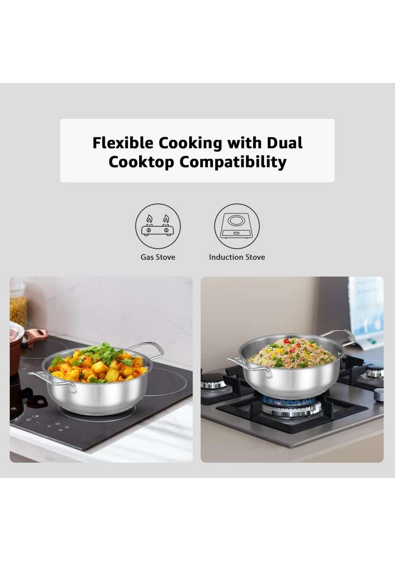 Solimo Amazon Brand Solimo Stainless Steel Induction Bottom Kadhai Wok with Glass Lid | 22 cm | 8.7 Inch - Indya