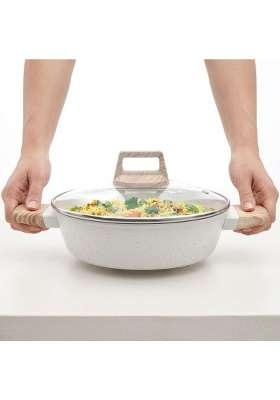 Drumstone Ceramic Deep Kadai Wok with Glass | Induction Compatible | Non-Stick | With Lid
