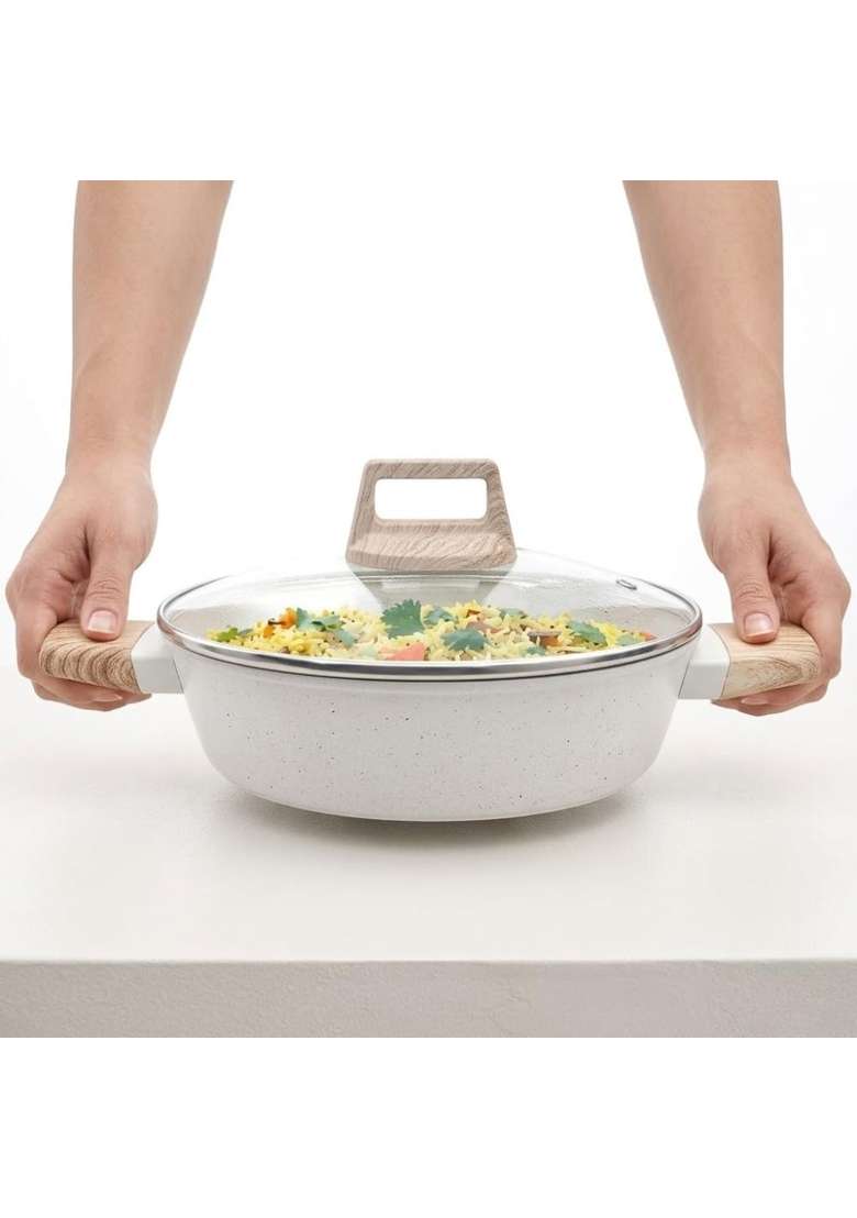 Drumstone Ceramic Deep Kadai Wok with Glass | Induction Compatible | Non-Stick | With Lid - Indya