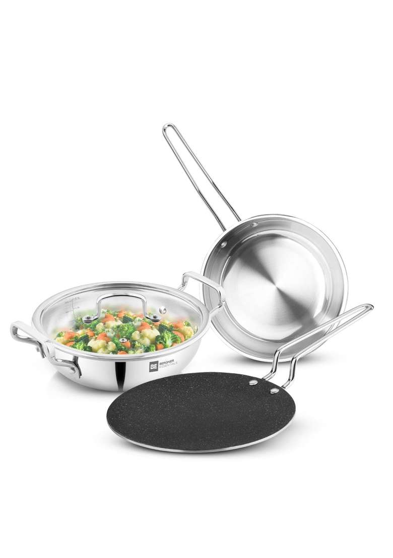 BERGNER BE Essentials TriPly Stainless Steel Cookware Set | 3.1 L | 3.3 Qt | 24 cm | 9.4 Inch | 4-Piece Set | Induction Compatible | Non-Stick - Indya