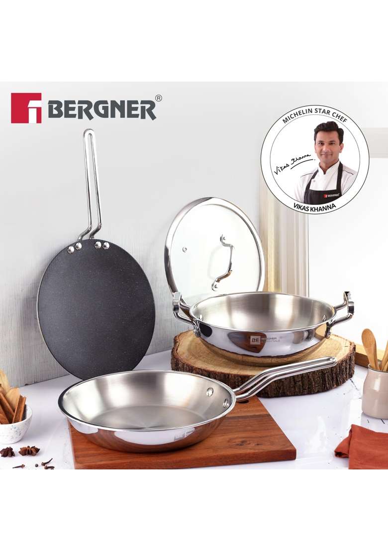 BERGNER BE Essentials TriPly Stainless Steel Cookware Set | 3.1 L | 3.3 Qt | 24 cm | 9.4 Inch | 4-Piece Set | Induction Compatible | Non-Stick - Indya