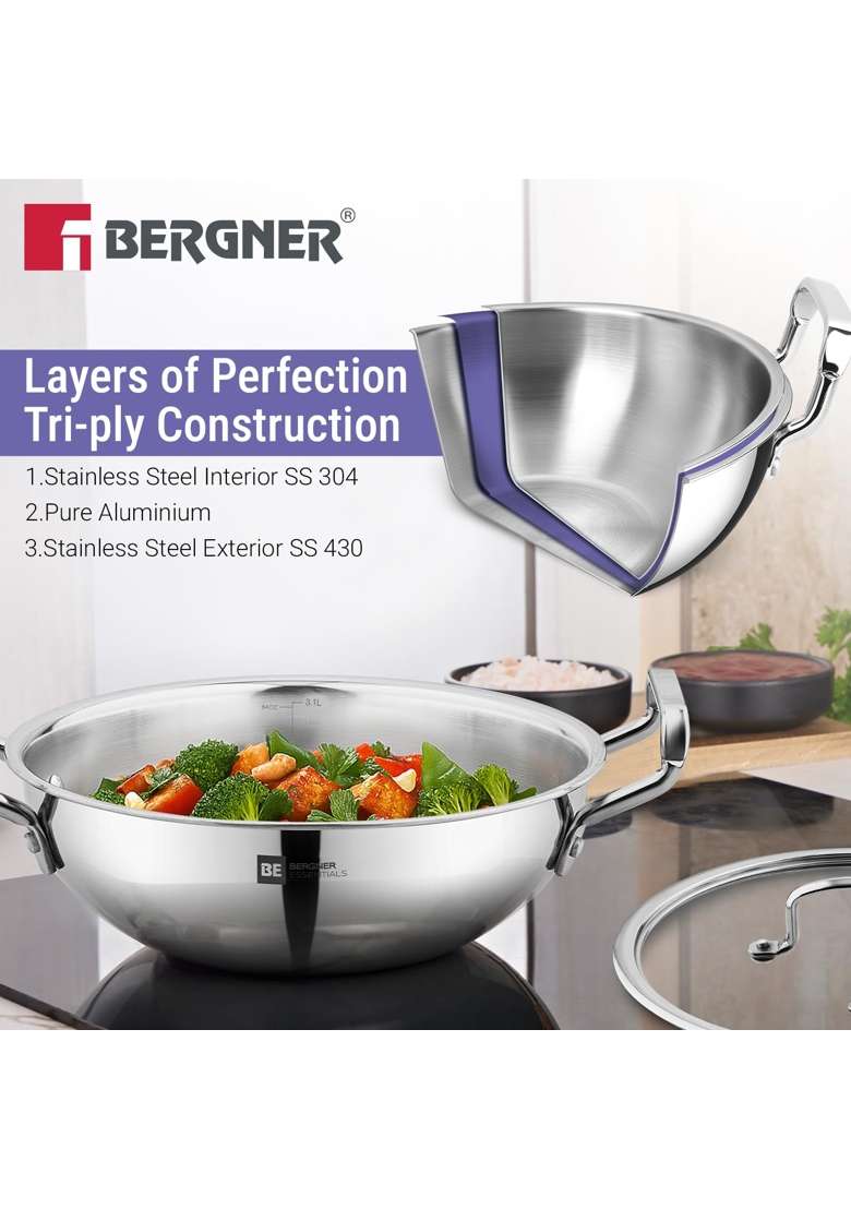 BERGNER BE Essentials TriPly Stainless Steel Cookware Set | 3.1 L | 3.3 Qt | 24 cm | 9.4 Inch | 4-Piece Set | Induction Compatible | Non-Stick - Indya