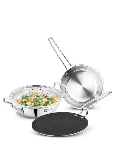 BERGNER BE Essentials TriPly Stainless Steel Cookware Set | 3.1 L | 3.3 Qt | 24 cm | 9.4 Inch | 4-Piece Set | Induction Compatible | Non-Stick