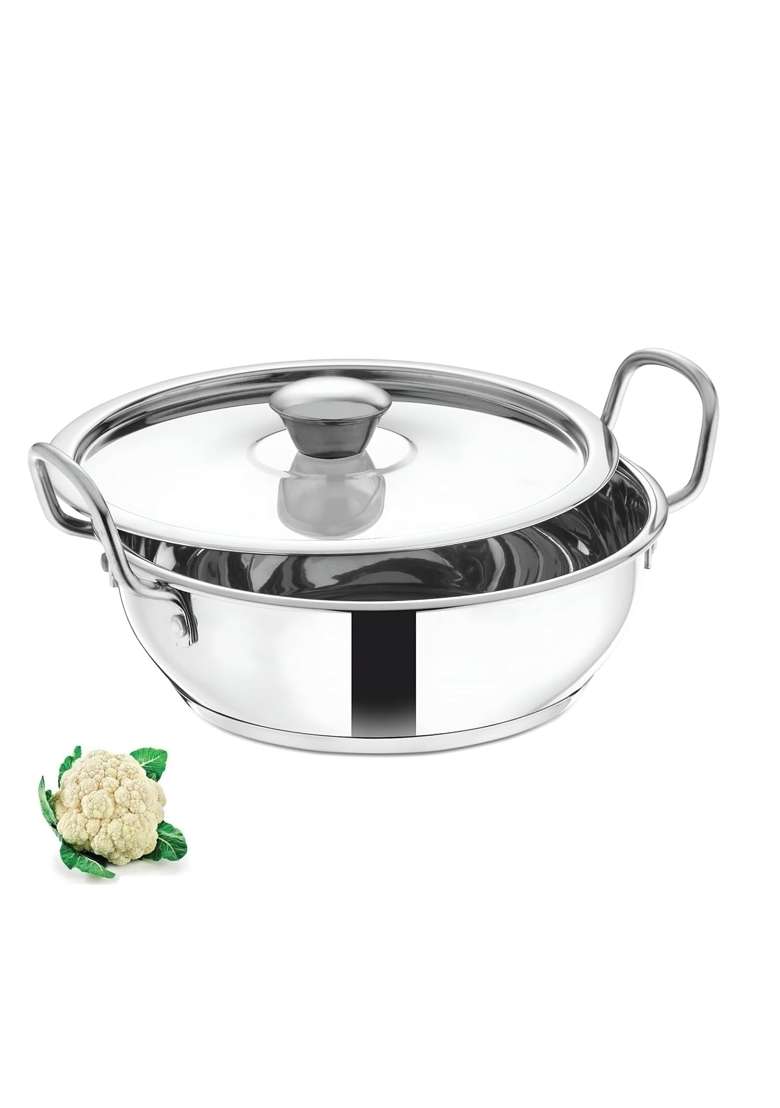 Bartan Star Premium Series Stainless Steel Kadai Wok with Lid | 1500 ml | 50.7 fl oz | Induction Compatible - Indya