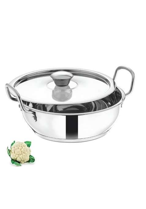 Bartan Star Premium Series Stainless Steel Kadai Wok with Lid | 1500 ml | 50.7 fl oz | Induction Compatible