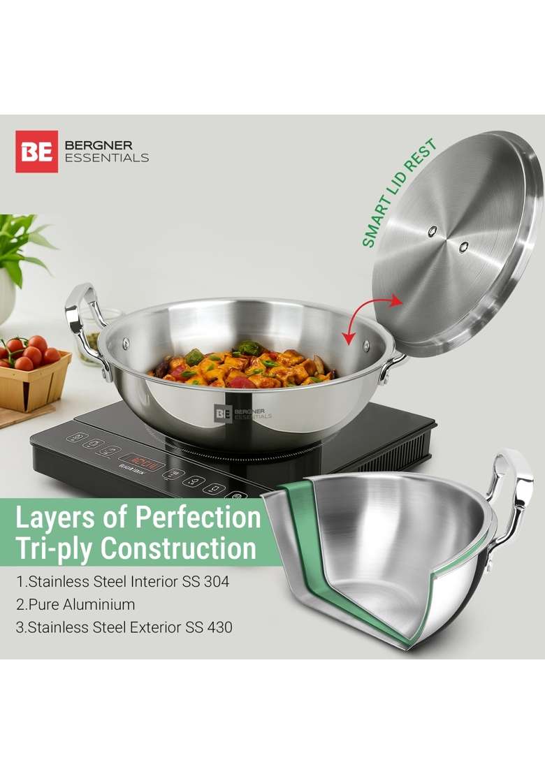 BERGNER TriPro Triply Cookware Set | 3 L | 3.2 Qt | 24 cm | 9.4 Inch | 3-Piece Set | Induction Compatible | With Lid - Indya