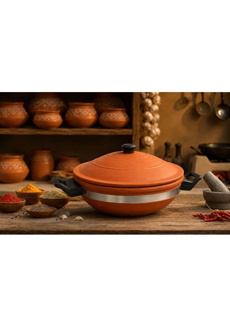Matti Shree Clay Kadai Wok with Lid | 3 L | 3.2 Qt | Unglazed - Indya