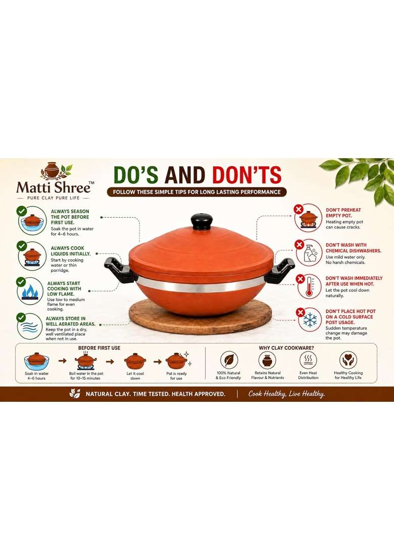 Matti Shree Clay Kadai Wok with Lid | 3 L | 3.2 Qt | Unglazed - Indya