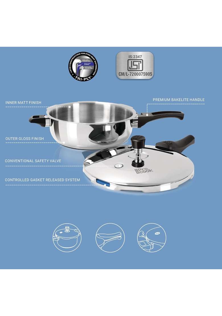 MILTON Pro cook Induction Cookware and Gas Stove Friendly Triply Stainless Steel Pressure Cooker | 4.5 L | 4.8 Qt | Non-Toxic - Indya