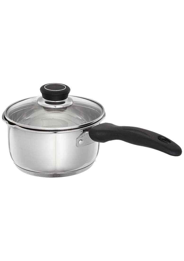 Solimo Amazon Brand Solimo Stainless Steel Saucepan with Glass Lid | 1 L | 1.1 Qt | 14 cm | 5.5 Inch | Induction Compatible - Indya