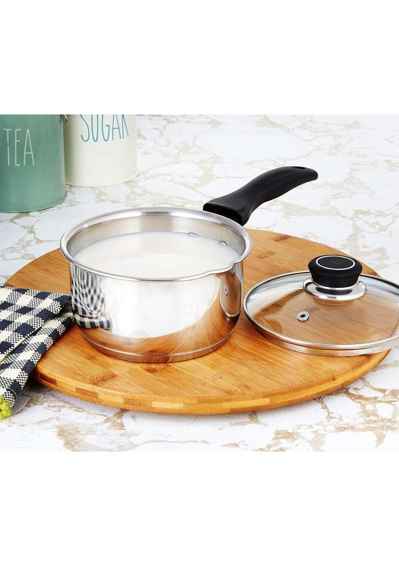 Solimo Amazon Brand Solimo Stainless Steel Saucepan with Glass Lid | 1 L | 1.1 Qt | 14 cm | 5.5 Inch | Induction Compatible - Indya