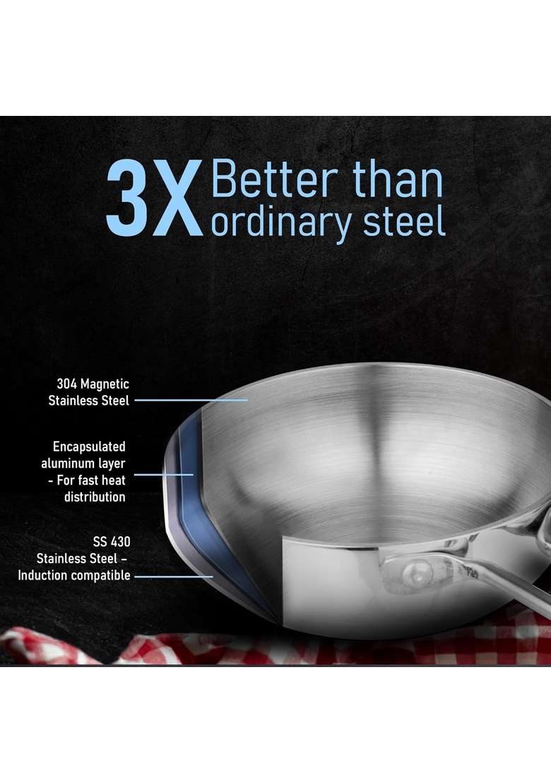 AGARO Stainless Steel Regency Triply Tadka Pan | 250 ml | 8.5 fl oz | 11 cm | 4.3 Inch | Induction Compatible - Indya