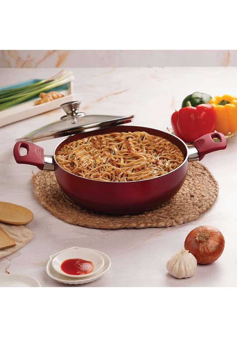 CELLO Crown Induction Base Kadhai Wok Glass Lid -Maroon | 2.5 L | 2.6 Qt - Indya