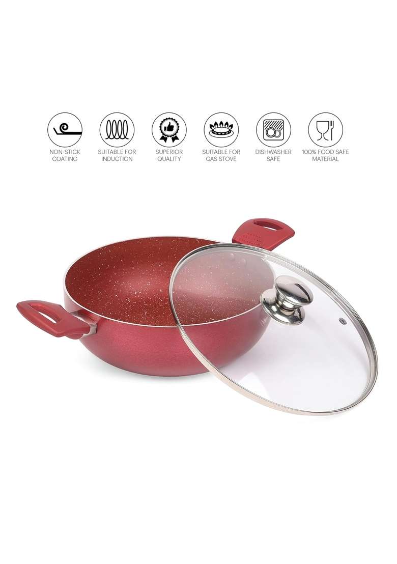 CELLO Crown Induction Base Kadhai Wok Glass Lid -Maroon | 2.5 L | 2.6 Qt - Indya