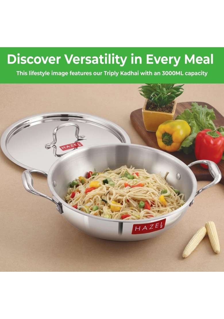 HAZEL Triply Stainless Steel Kadhai Wok with Steel Lid | 5 L | 5.3 Qt | 31.9 cm | 12.6 Inch | Induction Compatible - Indya
