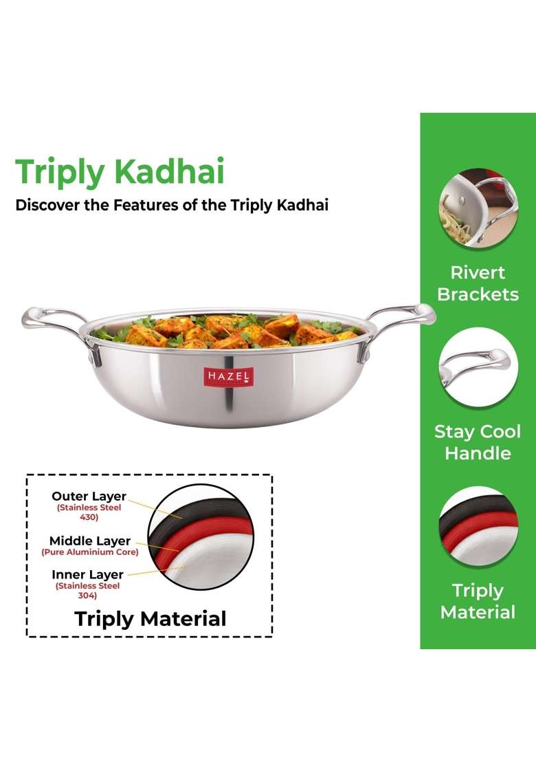 HAZEL Triply Stainless Steel Kadhai Wok with Steel Lid | 5 L | 5.3 Qt | 31.9 cm | 12.6 Inch | Induction Compatible - Indya