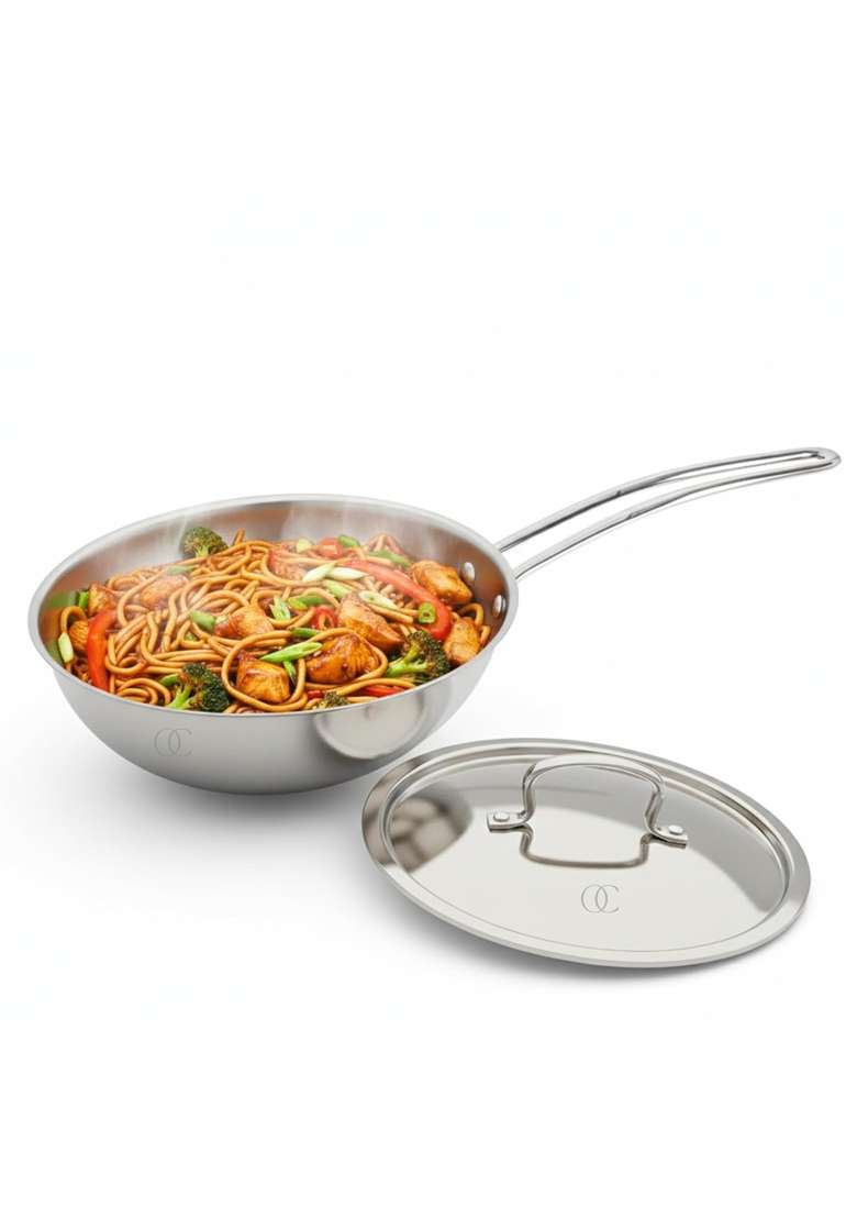 Omichef Triply Stainless Steel Wok with Lid | 2 L | 2.1 Qt | 20 cm | 7.9 Inch - Indya