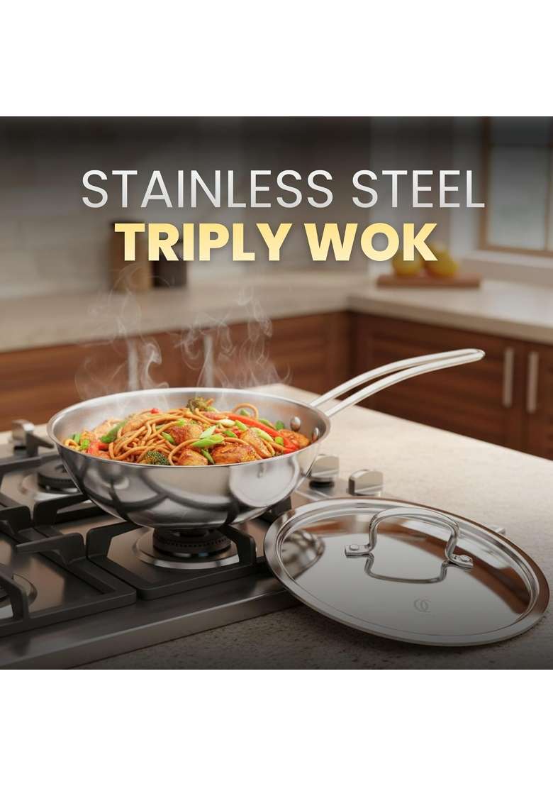 Omichef Triply Stainless Steel Wok with Lid | 2 L | 2.1 Qt | 20 cm | 7.9 Inch - Indya
