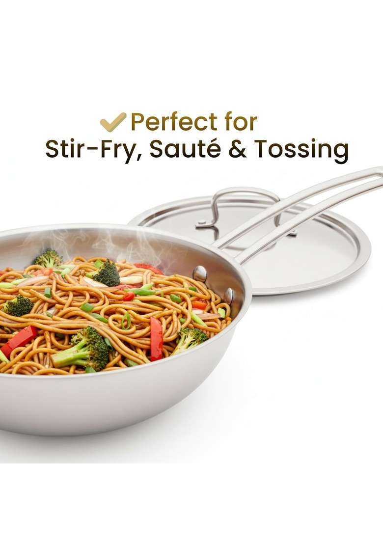 Omichef Triply Stainless Steel Wok with Lid | 2 L | 2.1 Qt | 20 cm | 7.9 Inch - Indya