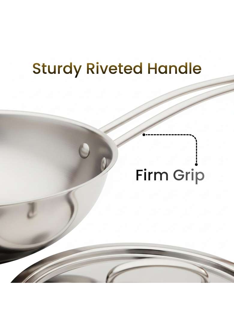 Omichef Triply Stainless Steel Wok with Lid | 2 L | 2.1 Qt | 20 cm | 7.9 Inch - Indya