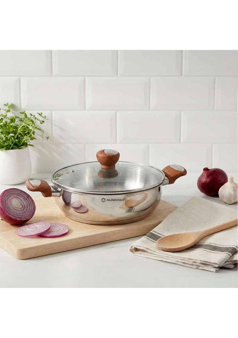 SUNCASA Impact Pro Luxe Stainless Steel Kadai Wok with Glass Lid | 2 L | 2.1 Qt | 20 cm | 7.9 Inch - Indya