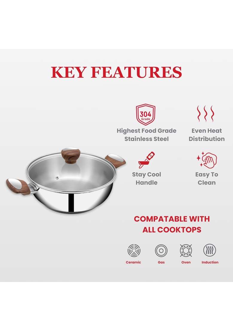 SUNCASA Impact Pro Luxe Stainless Steel Kadai Wok with Glass Lid | 2 L | 2.1 Qt | 20 cm | 7.9 Inch - Indya