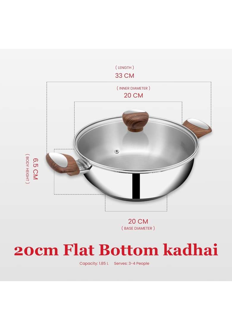 SUNCASA Impact Pro Luxe Stainless Steel Kadai Wok with Glass Lid | 2 L | 2.1 Qt | 20 cm | 7.9 Inch - Indya