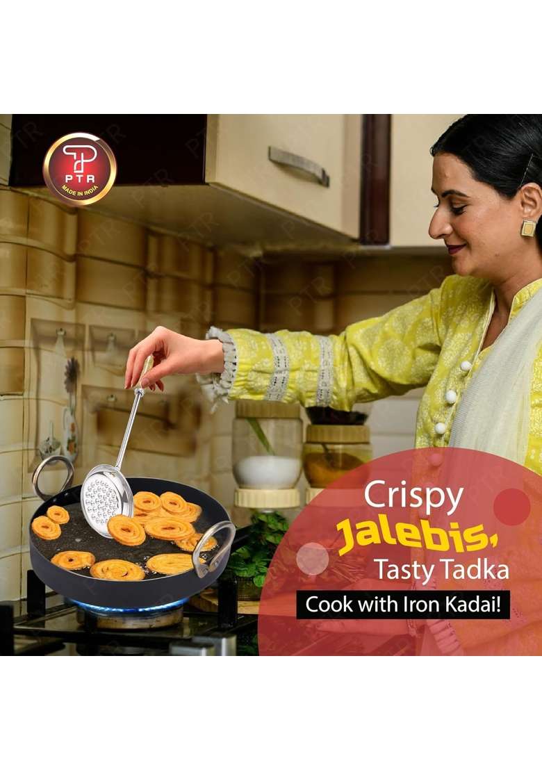 PTR Iron Flat Kadai Wok Tai Fry Pan Tai for Making Jalebis Dal Tadka Tavi for Kitchen | 12 Inch - Indya