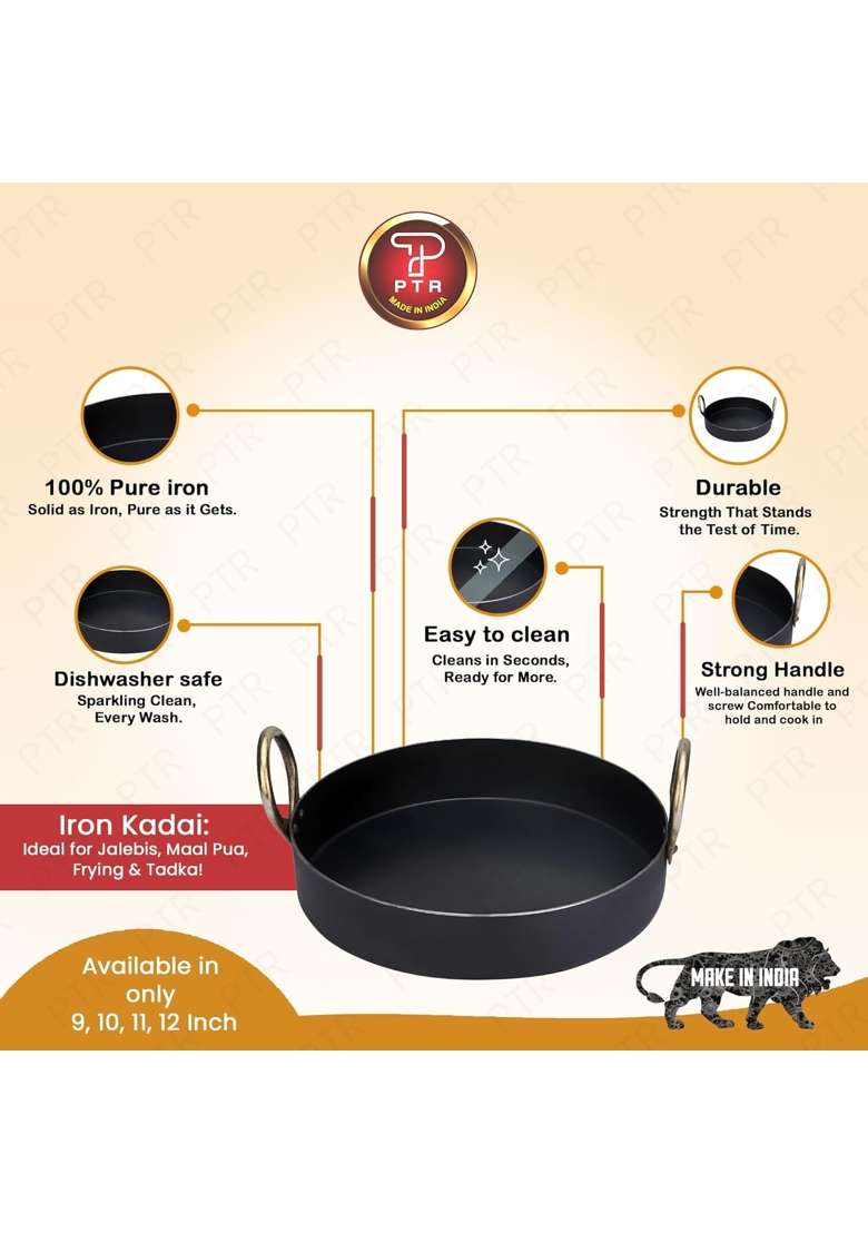 PTR Iron Flat Kadai Wok Tai Fry Pan Tai for Making Jalebis Dal Tadka Tavi for Kitchen | 12 Inch - Indya