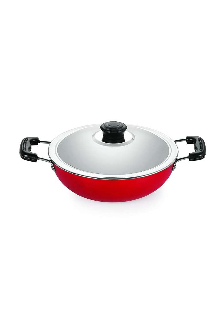 NIRLON Plus Non-Stick Flat Base Kadai Wok with Lid - Indya