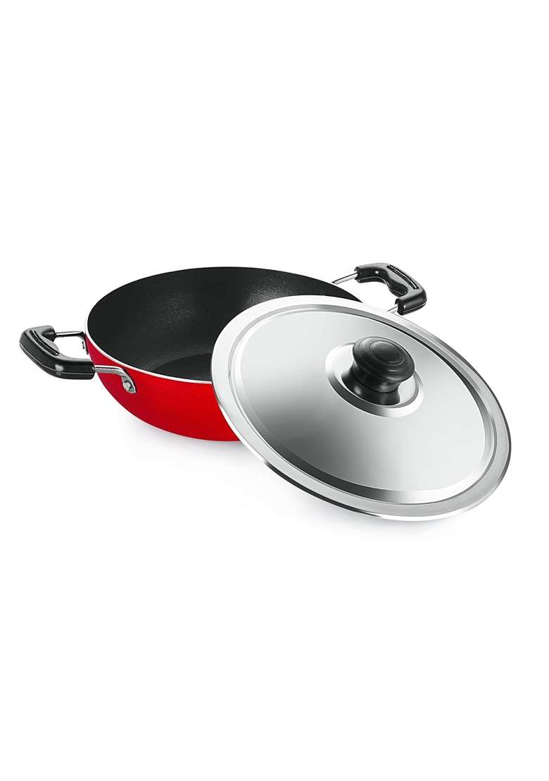 NIRLON Plus Non-Stick Flat Base Kadai Wok with Lid - Indya