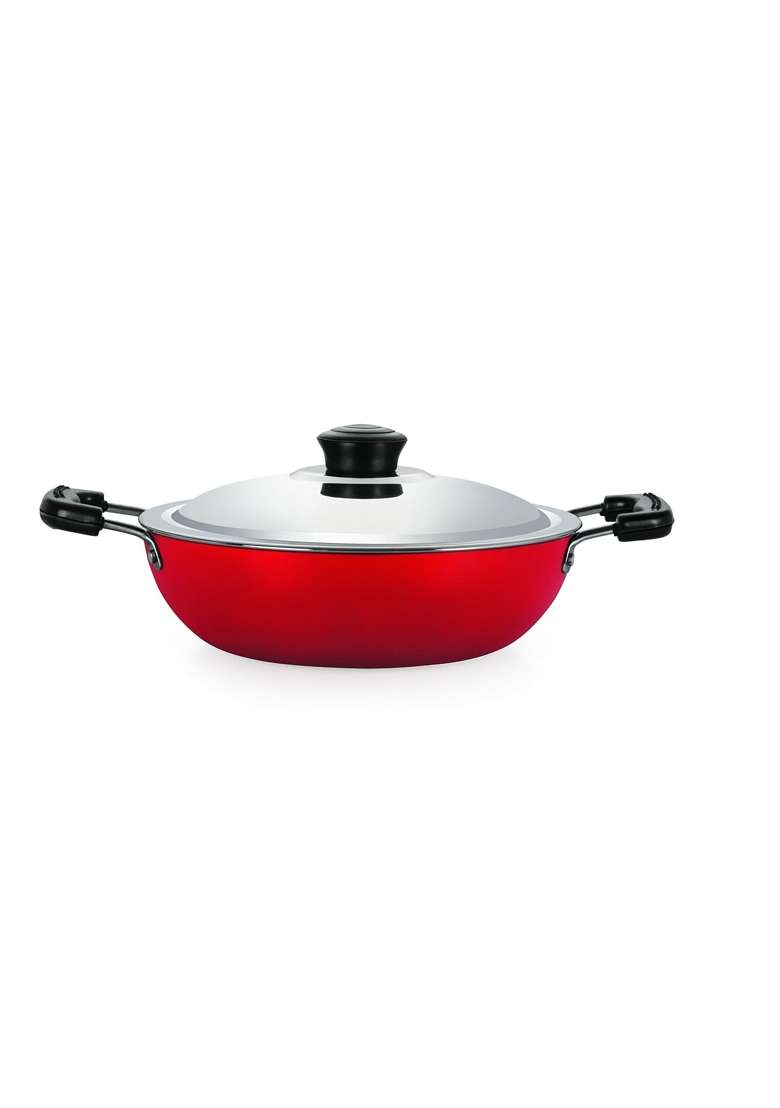 NIRLON Plus Non-Stick Flat Base Kadai Wok with Lid - Indya