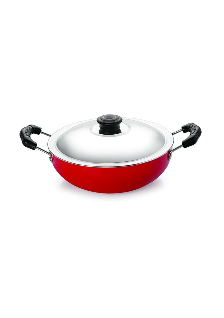 NIRLON Plus Non-Stick Flat Base Kadai Wok with Lid - Indya