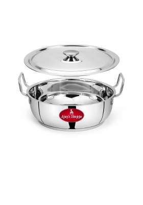 Ajay's Shoppe Heavy Gauge Stainless Steel Flat Bottom Induction Kadhai Wok with Lid | 2.5 L | 2.6 Qt