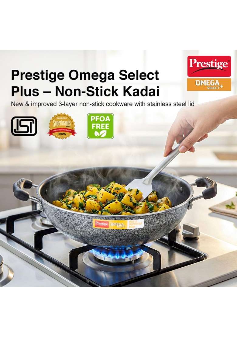 Prestige Omega Select Plus Aluminium Non-Stick Flat Base Kadhai Wok with Lid | 27 cm | 10.6 Inch - Indya
