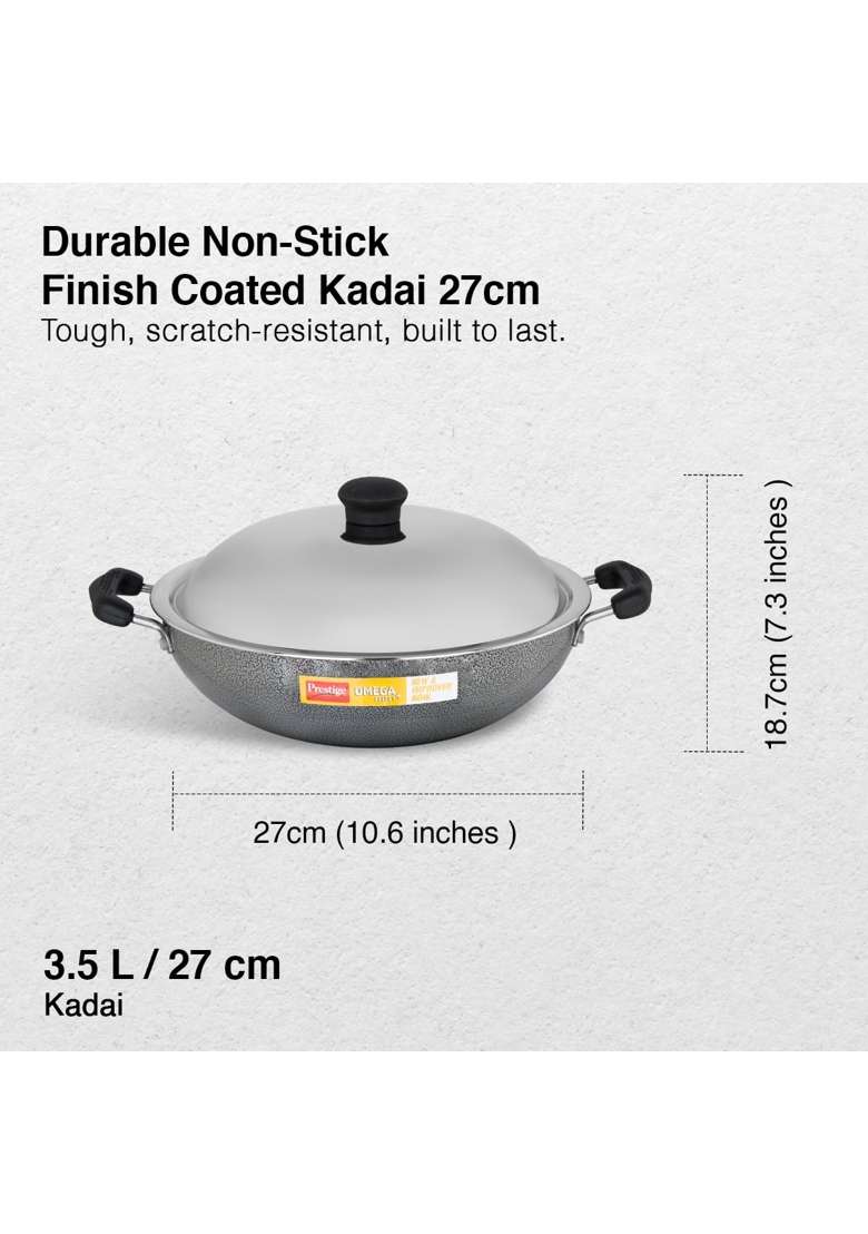 Prestige Omega Select Plus Aluminium Non-Stick Flat Base Kadhai Wok with Lid | 27 cm | 10.6 Inch - Indya