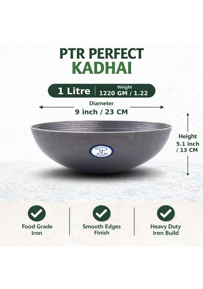 PTR Iron Kadhai Wok with Smooth Edge Handle-Free Deep Bowl Cooking Pan Handmade Heavy | 1 L | 1.1 Qt | 23 cm | 9.1 Inch | Dishwasher Safe - Indya
