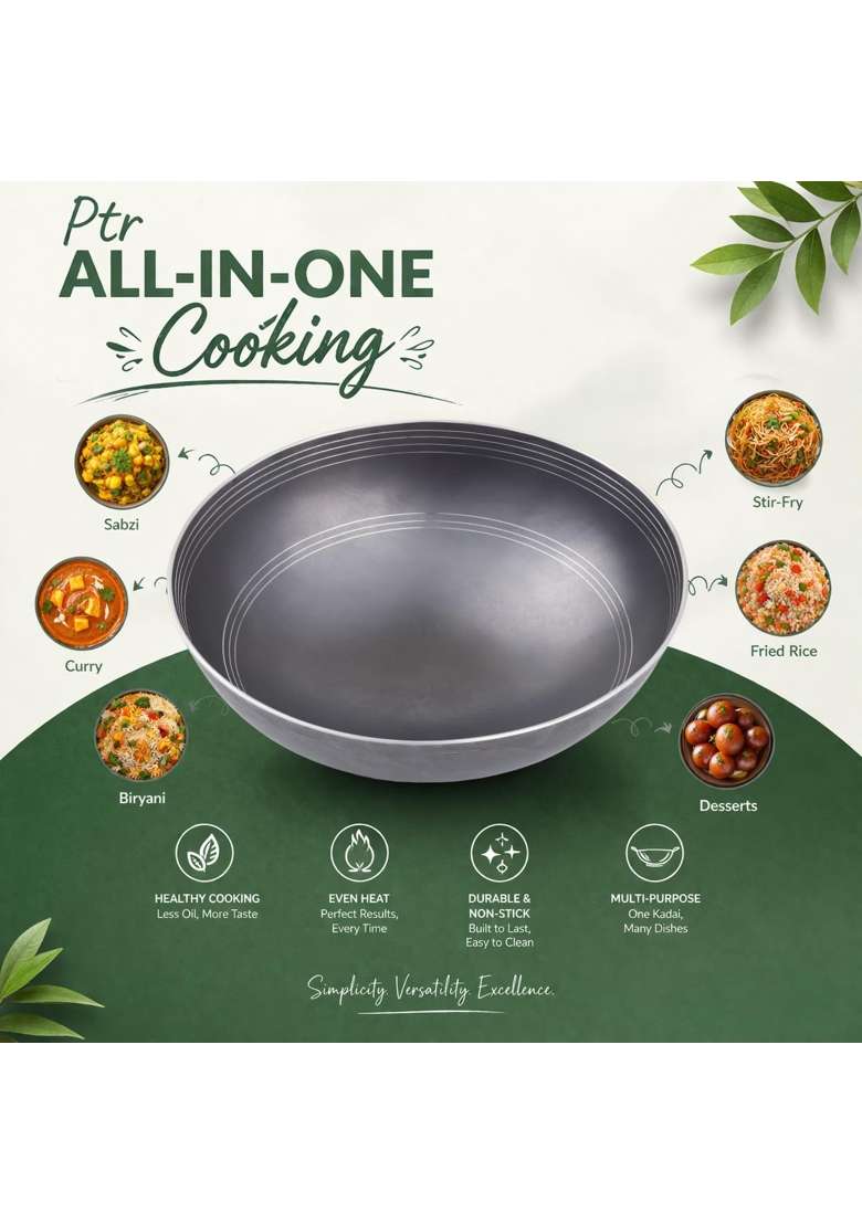 PTR Iron Kadhai Wok with Smooth Edge Handle-Free Deep Bowl Cooking Pan Handmade Heavy | 1 L | 1.1 Qt | 23 cm | 9.1 Inch | Dishwasher Safe - Indya