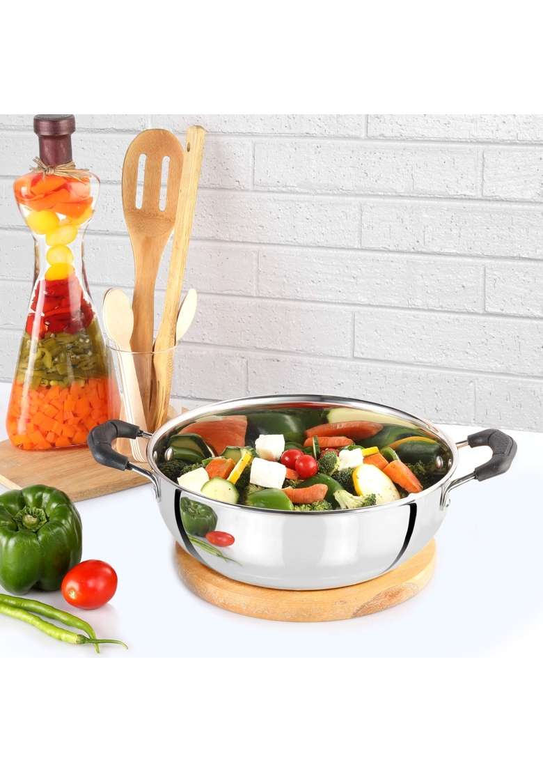 CELLO Steelox Induction Compatible Stainless Steel Kadhai Wok | 3 L | 3.2 Qt - Indya
