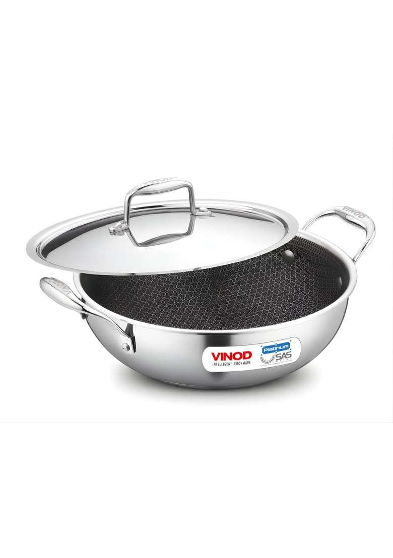 Vinod SAS Pro Platinum Triply Stainless Steel Kadai Wok | 1.8 L | 1.9 Qt | 22 cm | 8.7 Inch | Induction Compatible | PFOA Free - Indya